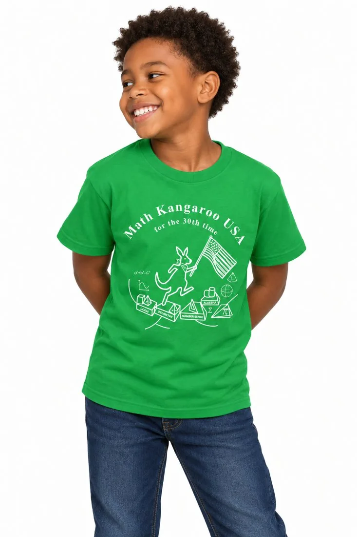 Boy wearing the green 2027 Math Kangaroo shirt