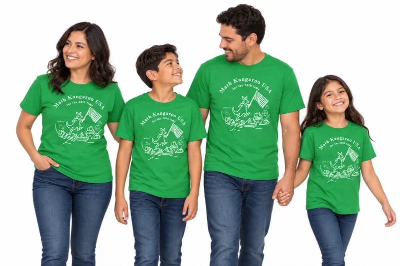 A family of four wearing the green 2027 Math Kangaroo shirt