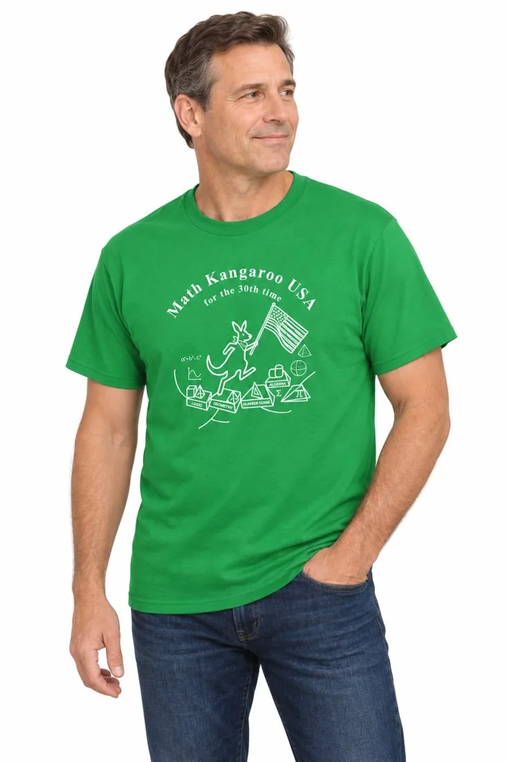Man wearing the green 2027 Math Kangaroo shirt