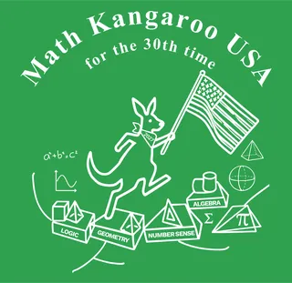 2027 Math Kangaroo shirt art: a kangaroo carrying the American flag over blocks labeled Logic, Geometry, Number Sense and Algebra, white on green