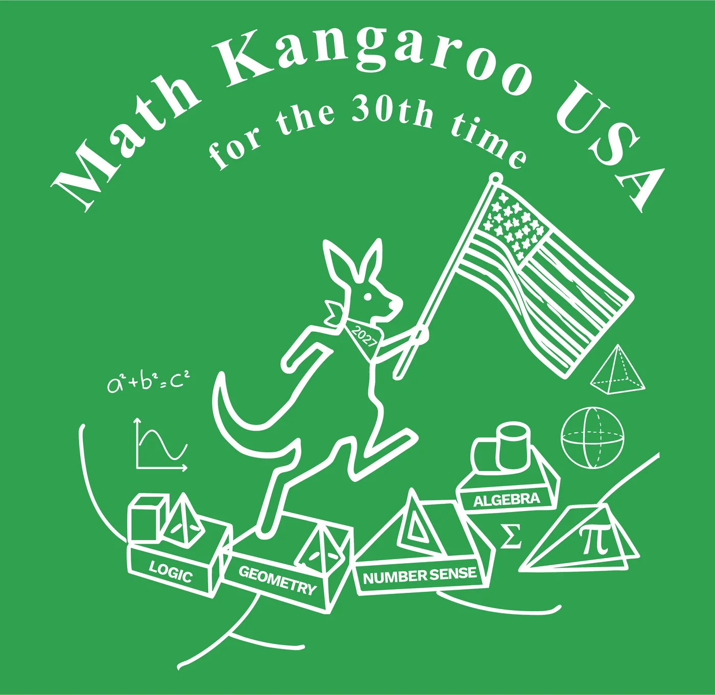 The 2027 Math Kangaroo shirt art: a kangaroo carrying a flag over blocks labeled Logic, Geometry, Number Sense and Algebra